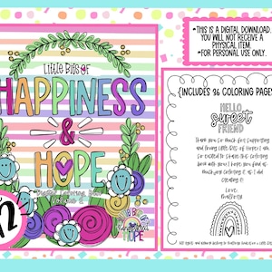 以下が含まれることがあります： 「Little Bits of Happiness & Hope, Volume 2」というタイトルのデジタル塗り絵本の表紙。表紙にはカラフルな文字と花のイラストが描かれています。画像には「36枚の塗り絵が含まれています」と「個人使用のみ」というテキストが含まれています。