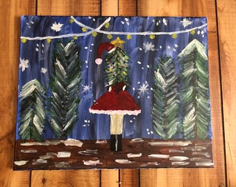 Watercolor Christmas Tree Girl Canvas Painting