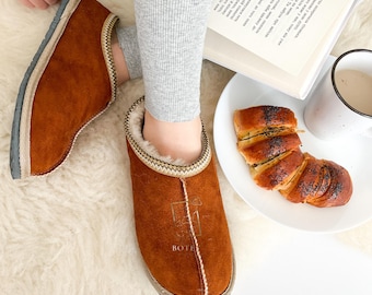 Sheepskin Suede Slippers: Women's Cozy Brown Mule House Shoes