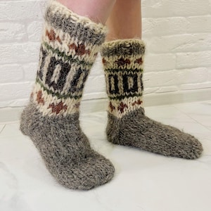 Genuine Handmade Wool Socks, Grey Sheep Wool Socks for Women, Patterned Wool Socks 100%, Warm Wool Socks Gift, Natural Knitted Socks Wool