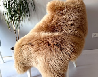 Natural Caramel Sheepskin Rug | Real Handmade Sheepskin Warm | Rustic Carpet or Chair Cover | Fluffy Wool Throw | Cozy Wool Mat