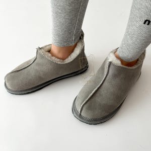 100% Sheepskin Slippers for Men and Women Gray Sheepskin Fur Slippers Cozy Suede House Shoes with Soft Wool Lining