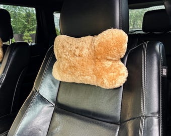 100% Natural Wool Sheepskin Pillow – Beige Neck Cushion for Car Comfort