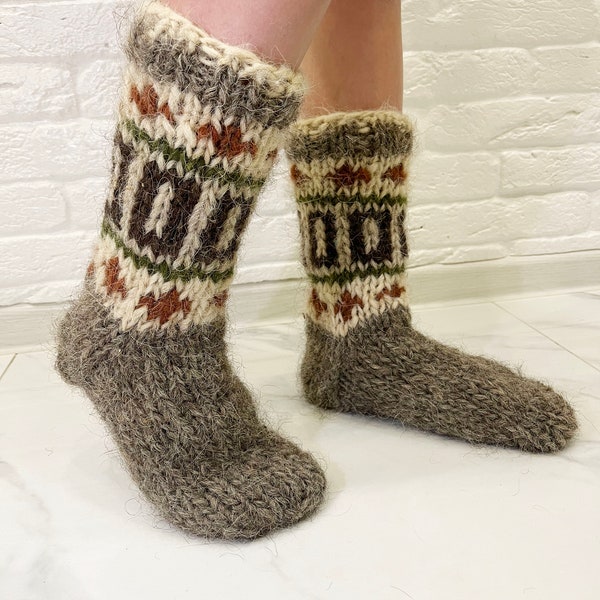 Handmade Wool Socks, Grey Sheep Wool Socks for Women, Patterned Wool Socks, Warm Wool Socks Gift, Natural Knitted Socks 100% Wool