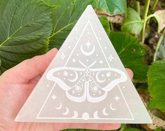 Lunar Moth Engraved Selenite Charging Triangle Plate