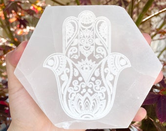 Hamsa Engraved Selenite Hexagon Charging Plate