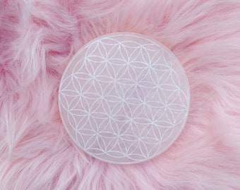 Flower of Life Engraved Selenite Charging Plate