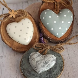 Hanging Plaster Hearts, Shabby Chic Decorations, Gift for Loved One, Home Ornament, Hand Decorated Wooden Discs.