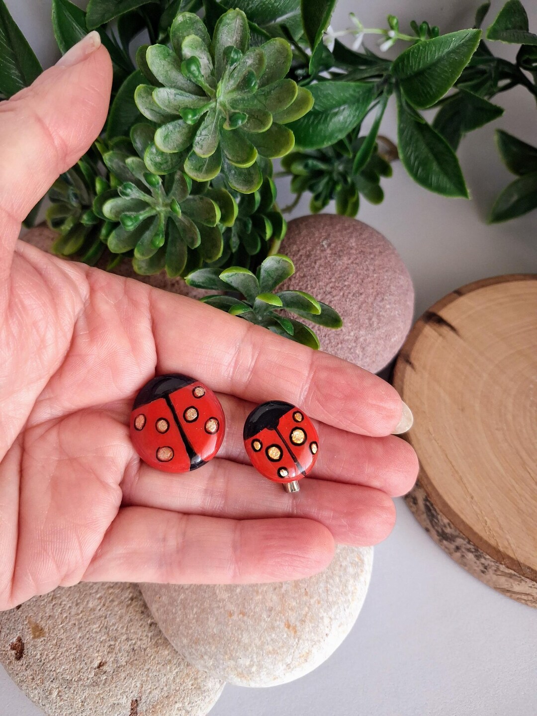 Pibble Pin Ladybug Pins Painted on a Sea Pebble. Hand-painted Ladybug Pebble Pins ...