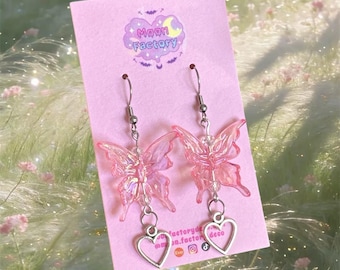 Iridescent pink butterfly dangle earrings fairycore y2k earrings coquette kawaii jewelry