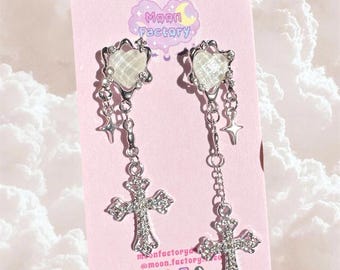 Coquette cross heart dangle earrings dark academia jewelry whimsigoth y2k earrings