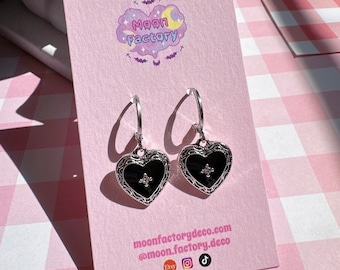 Coquette black heart silver huggie earrings dark academia jewelry whimsigoth y2k earrings