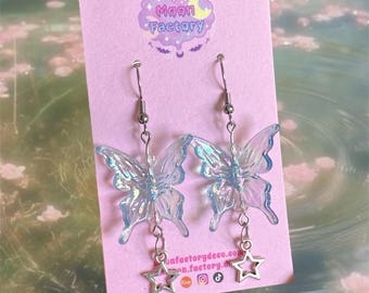 Iridescent blue butterfly dangle earrings fairycore y2k earrings coquette kawaii jewelry