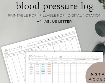 May include: A printable blood pressure log with a white background. The log includes sections for date, time, BP, and pulse. Text on the image reads "blood pressure log" and "Instant Access!" The log is available in A4, A5, and US Letter sizes.