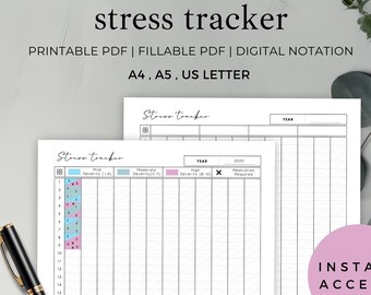 Stress Tracker Twice Daily, Fillable and Printable Tracker for Stress Management, Daily Mood Log and Mental Health Planner Template