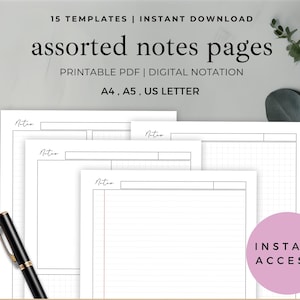 May include: A collection of assorted notes pages in A4, A5, and US Letter sizes. The pages are printable PDF digital notation templates. The image includes a black pen with gold accents and text that reads "Instant Access!" and "General Note-Taking, Brainstorming or Journaling."