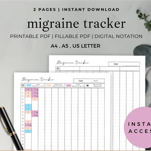 May include: A digital migraine tracker with the text "migraine tracker" and "Identify Triggers & Track Migraine Patterns". The printable PDF includes fillable fields for tracking severity and medication. Includes A4, A5, and US Letter sizes.