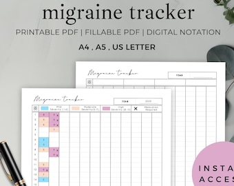 Migraine Tracker & Headache Journal, Fillable Health Tracker PDF for Migraine Log, Yearly Migraine Symptom Planner or Health Journal Insert