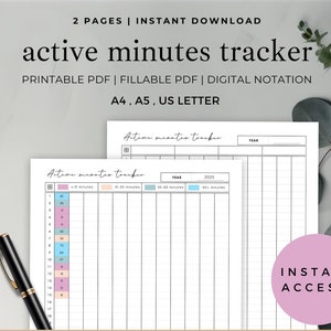 Könnte beinhalten: Ein druckbarer Aktivitätsminuten-Tracker im PDF-Format. Der Tracker verfügt über einen Abschnitt zur Aufzeichnung der täglichen Aktivitätslevel in Minuten, mit Spalten für weniger als 15 Minuten, 15-30 Minuten, 30-60 Minuten und 60+ Minuten. Der Tracker enthält auch einen Abschnitt zur Verfolgung der Aktivitätslevel nach Monaten.