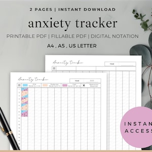 May include: A printable anxiety tracker with the text "anxiety tracker" and "Monitor anxiety trends & track progress (twice daily)". The design includes sections for tracking mild, moderate, and high severity levels, and medication use. Available in A4, A5, and US Letter sizes.