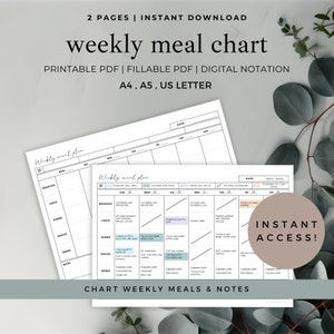 Weekly Meal Chart - Printable Fillable Meal Tracker & Menu Planner for Family Food Planning, Fitness and Health Meal Prep Planner