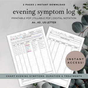 Printable and Fillable Evening Symptom Journal to Chart Evening Frequency, Symptom Log for Chronic Illness or Chronic Pain, Wellness Inserts