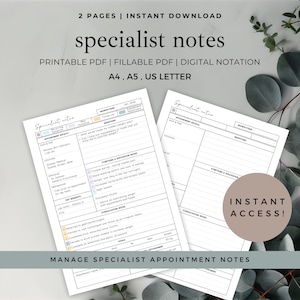 May include: Two printable pages of specialist appointment notes in a white and gray color scheme. The pages are designed to help manage appointments, track symptoms, and record consultation notes. The text "INSTANT ACCESS!" is printed in a brown box on the right page.