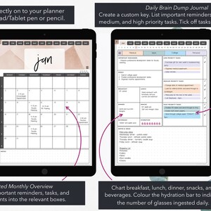 May include: Two digital planner templates on tablets. One displays a monthly calendar for January, the other a daily brain dump journal with sections for reminders and goals. Text includes "Annotate directly on to your planner" and "Daily Brain Dump Journal."