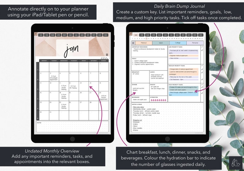 May include: Two digital planner templates on tablets. One displays a monthly calendar for January, the other a daily brain dump journal with sections for reminders and goals. Text includes "Annotate directly on to your planner" and "Daily Brain Dump Journal."