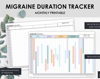 Suivi mensuel imprimable de la durée de la migraine | Suivre la durée de la migraine et la gravité des symptômes | Téléchargement instantané