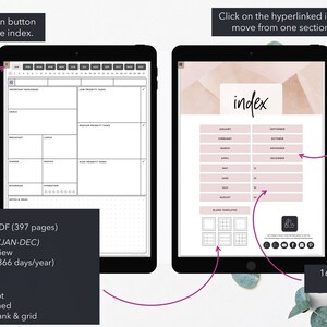 May include: Digital planner displayed on two tablets. One shows a daily planner layout, the other an index with months. Text includes "index", "Monthly Planner", and "Blank Templates". The planner has 16 hyperlinked sections and includes a PDF with 397 pages.
