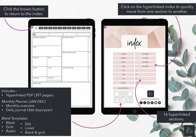 May include: Digital planner displayed on two tablets. One shows a daily planner layout, the other an index with months. Text includes "index", "Monthly Planner", and "Blank Templates". The planner has 16 hyperlinked sections and includes a PDF with 397 pages.