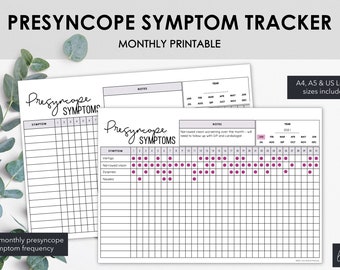 Pode incluir: Rastreador de sintomas de pré-síncope imprimível com o texto "PRESYNCOPE SYMPTOM TRACKER MONTHLY PRINTABLE". O rastreador inclui espaços para registrar sintomas como vertigem e náuseas. Tamanhos A4, A5 e US Letter incluídos.