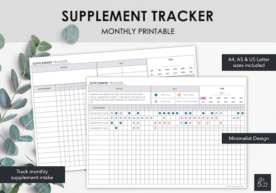 Printable Supplement Tracker | Chart & Manage Monthly Supplement Intake | Instant Download