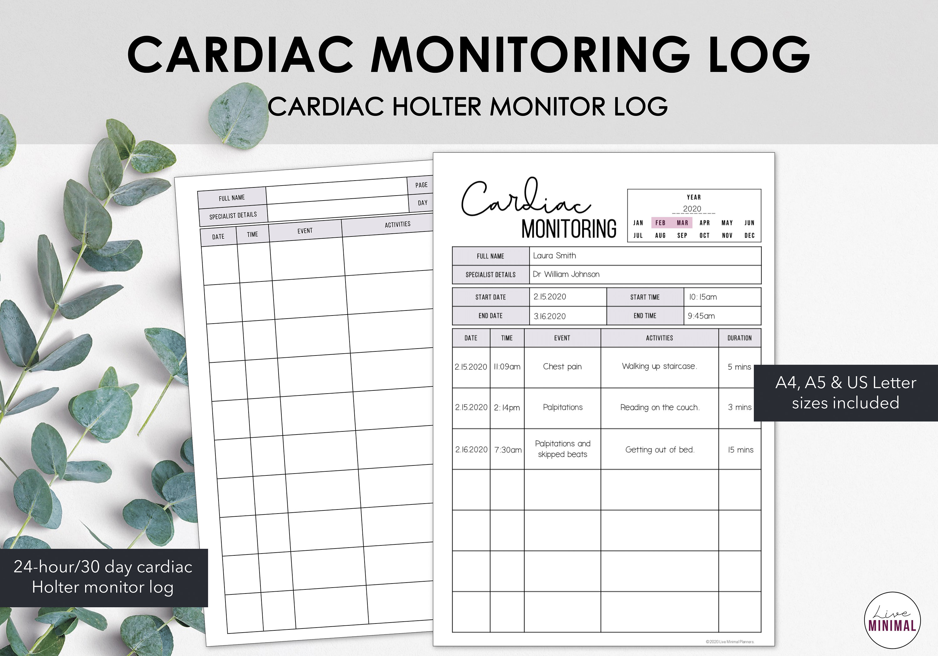 Cardiac Monitoring Log Printable 24Hour Holter Monitor Etsy