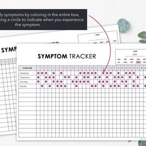 May include: A white symptom tracker with the title "SYMPTOM TRACKER" and a grid for tracking symptoms. The tracker includes instructions and a section to record monthly symptoms. Pink dots mark the recorded symptoms.