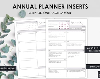 Annual Planner Inserts | Week on One Page Layout with Monday start | Printable Productivity Planner Inserts | Instant Download