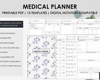 May include: A medical planner with a floral cover design, featuring templates for managing health information. Includes printable PDF, minimalist design, and is compatible with annotation applications. The planner is available in A4, A5, and US Letter sizes.