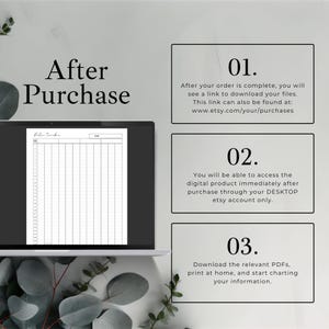 May include: A laptop screen shows a digital planner with a grid design. The image includes text that says "After Purchase" and instructions on how to download the digital product after purchase.