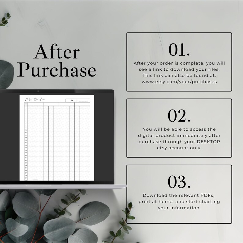 May include: A laptop screen shows a digital planner with a grid design. The image includes text that says "After Purchase" and instructions on how to download the digital product after purchase.