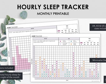 May include: Printable hourly sleep tracker with a minimalist design. The tracker includes two versions and is available in A4, A5, and US Letter sizes. It allows users to track total hourly sleep for each night of the month.