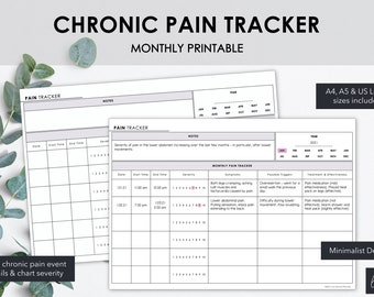 Könnte beinhalten: Ein druckbarer Chronik-Schmerz-Tracker mit dem Text "CHRONIC PAIN TRACKER MONTHLY PRINTABLE". Das Design umfasst Abschnitte zur Verfolgung von Schmerzereignissen, Schweregrad, Symptomen und Behandlungen. A4, A5 und US Letter Größen sind enthalten. Das Design ist minimalistisch.