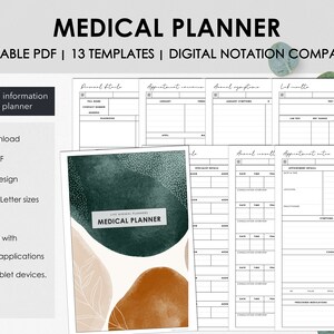 以下が含まれることがあります： 13種類のテンプレートが付属する印刷可能な医療プランナー。表紙は、緑、茶色、白の抽象的な水彩画のデザインです。このプランナーは、デジタル注釈アプリケーションと互換性があります。