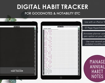 May include: A digital habit tracker for Goodnotes and Notability. The image shows two iPad screens, one with a black cover and the other with a monthly habit tracker grid. The text "DIGITAL HABIT TRACKER" is at the top of the image. The text "FOR GOODNOTES & NOTABILITY ETC" is below the title. The text "MANAGE ANNUAL HABIT NOTES" is in a purple circle on the right side of the image.