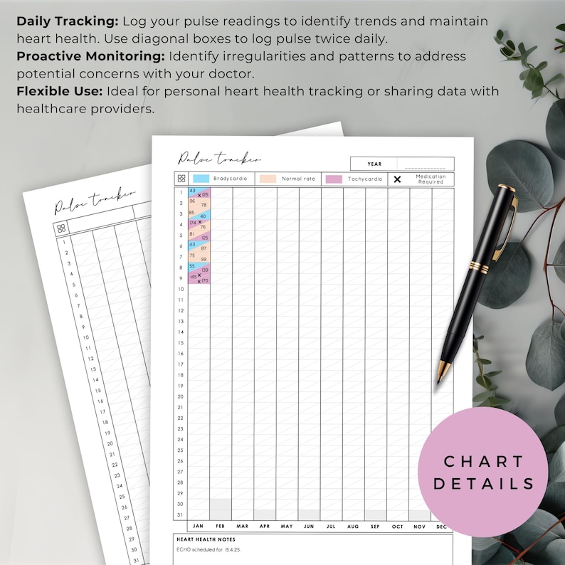May include: A white pulse tracker chart with a black pen. The chart includes sections for tracking pulse readings, with space for recording data and notes. The chart is designed for personal heart health monitoring.