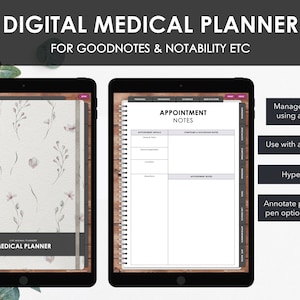 May include: Digital medical planner for GoodNotes and Notability, displayed on two tablets. One shows a floral cover, the other an appointment notes page. Features include hyperlinked PDF and annotation capabilities.