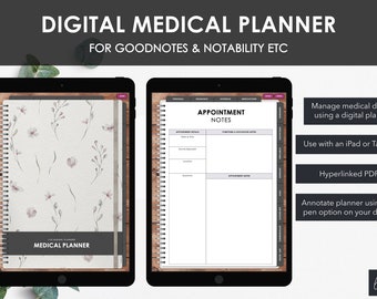 May include: Digital medical planner for GoodNotes and Notability, displayed on two tablets. One shows a floral cover, the other an appointment notes page. Features include hyperlinked PDF and annotation capabilities.