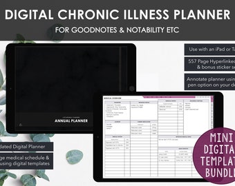 May include: Digital chronic illness planner for GoodNotes and Notability. The image shows two tablets displaying the planner's interface. The planner includes a 557-page hyperlinked PDF and a bonus sticker set. It is designed for use on an iPad or tablet.