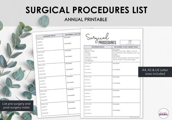 Surgical Procedure Printable Surgical History Printable to - Etsy