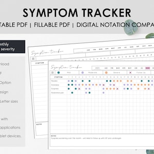 Printable and Fillable Monthly Symptom Tracker to Chart Monthly Symptom Frequency for Chronic Illness or Pain Instant Download